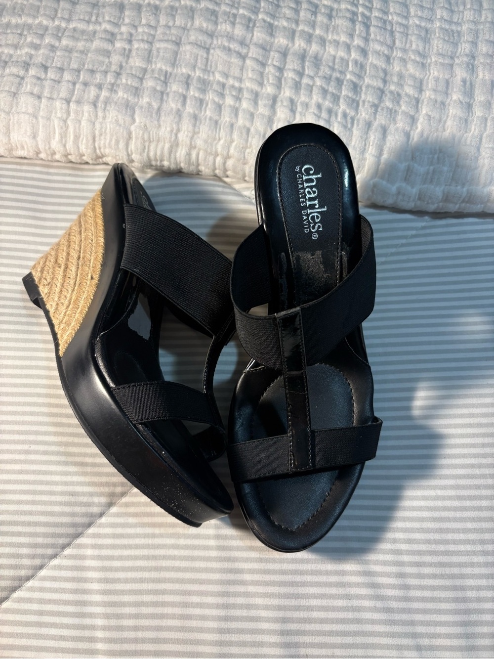 Charles By Charles David Black Elastic Strap Wedge Sandals Size 7